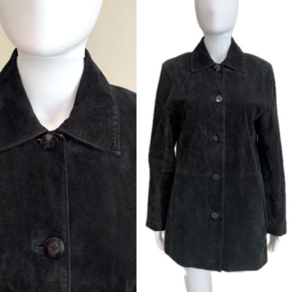 Bernardo Genuine Suede Leather Long Jacket Womens Size M Black Button Front - Picture 1 of 14